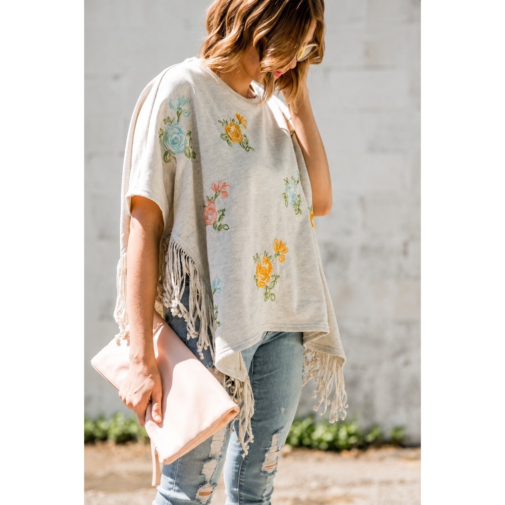 Boho Fringe Poncho Floral Embroidered Cotton OS Anthropologie TP